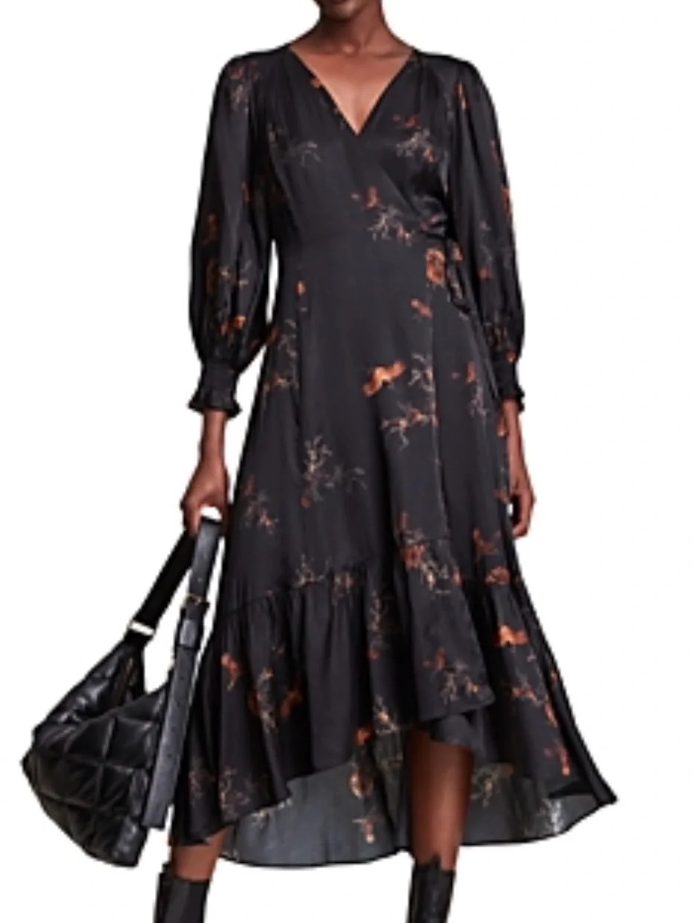 ALL SAINTS ADELAIDE AURORA BLACK WRAP MIDI DRESS BROWN BIRD BRANCHES PRINT SZ 4 - Picture 9 of 9